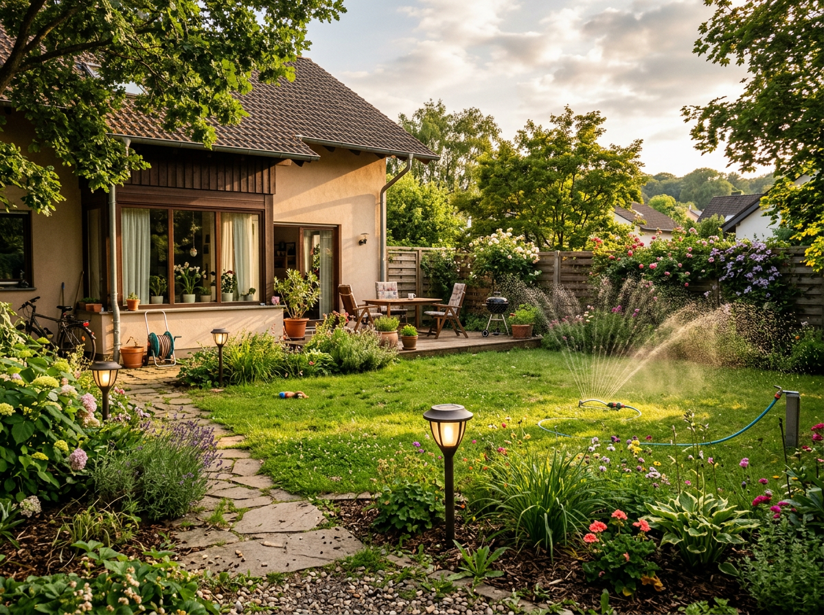 Ein idyllischer, grüner Garten mit modernen LED-Solarleuchten im Beet – Nachhaltige Gartentipps von rhenag Energie. 