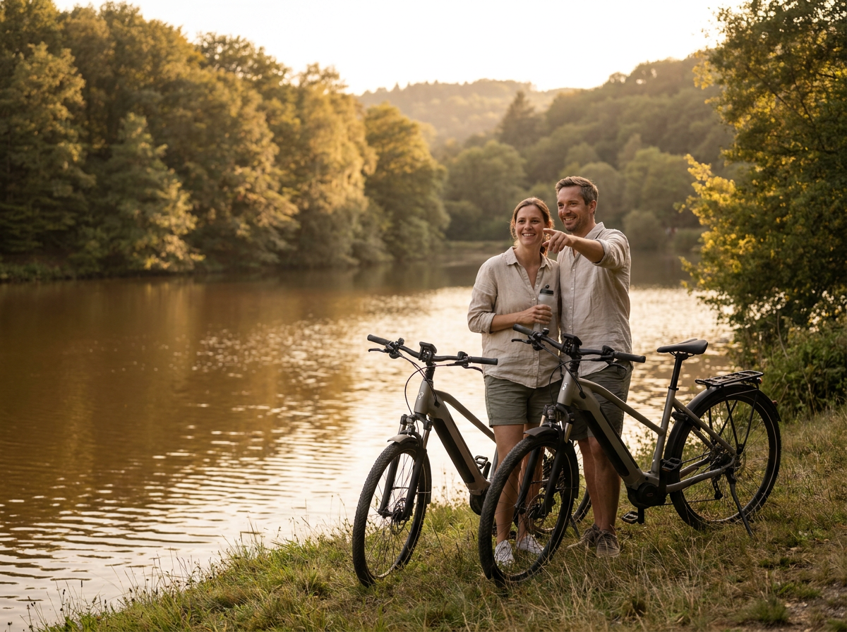 Paar macht auf der E-Bike-Feierabendrunde an einer Talsperre eine entspannte Pause.