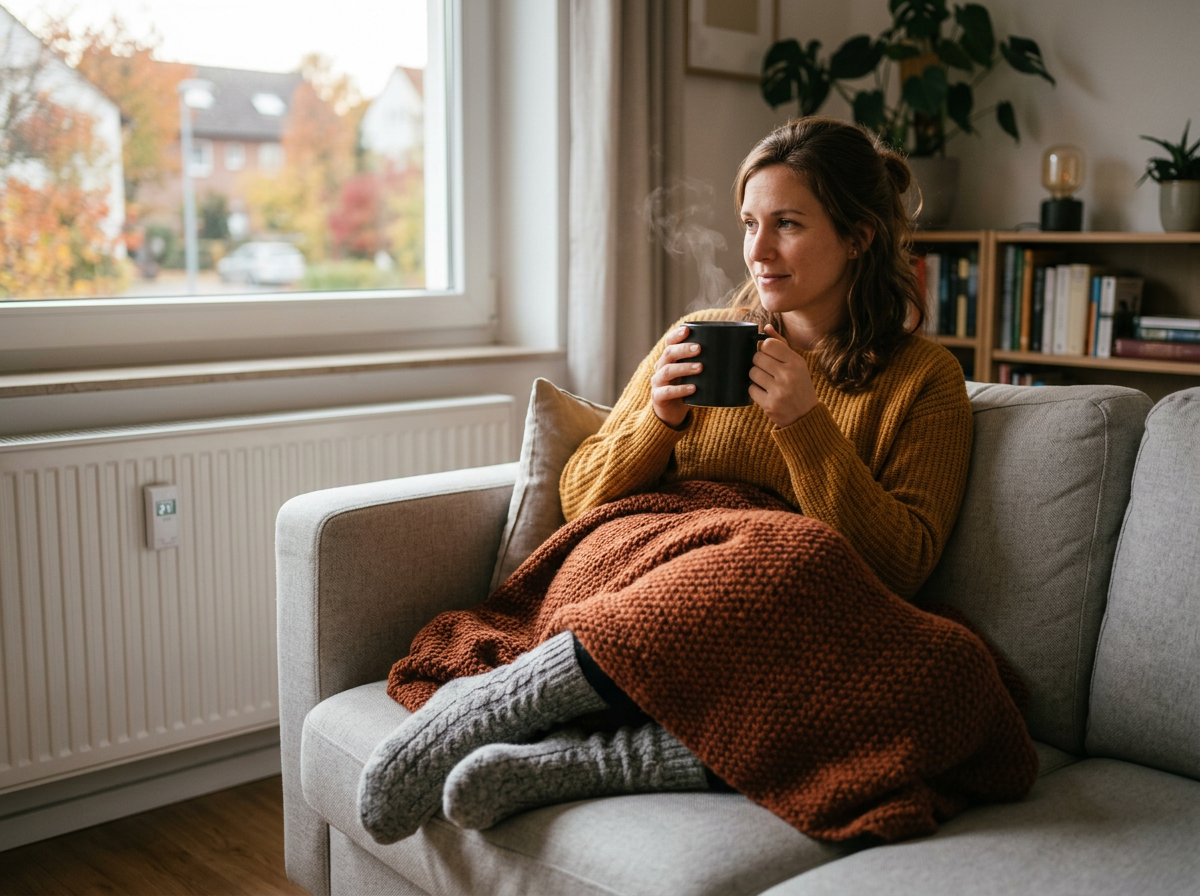 Wollsocken, Decke und eine Tasse Tee auf dem Sofa, dahinter ein Heizkörper mit Thermostat.