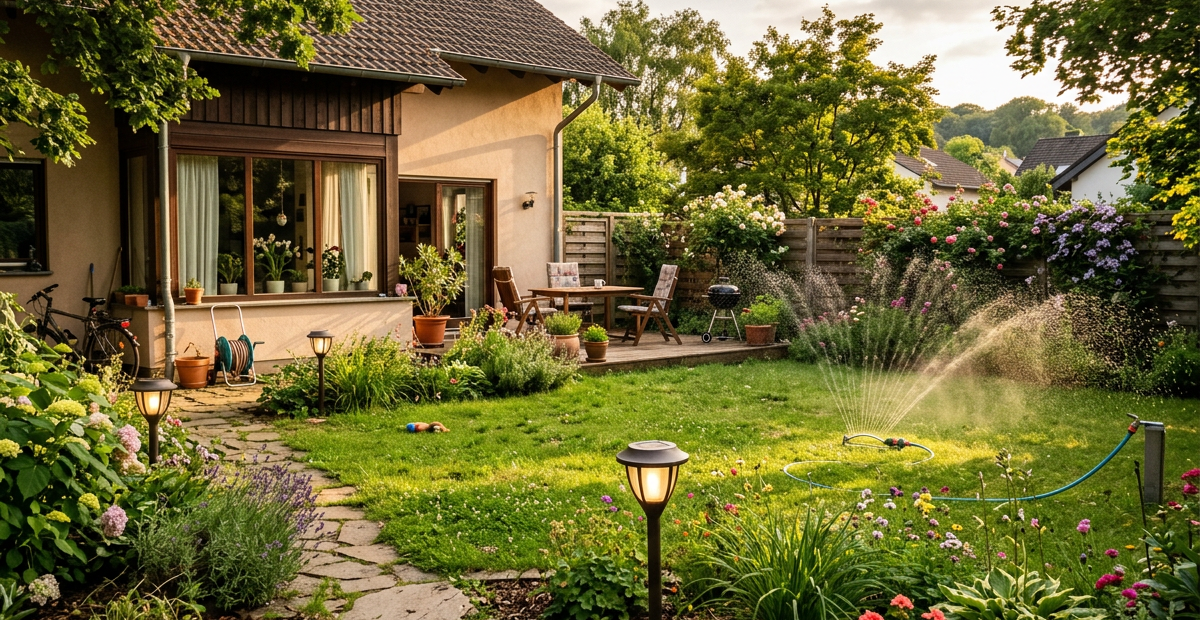 Ein idyllischer, grüner Garten mit modernen LED-Solarleuchten im Beet – Nachhaltige Gartentipps von rhenag Energie. 