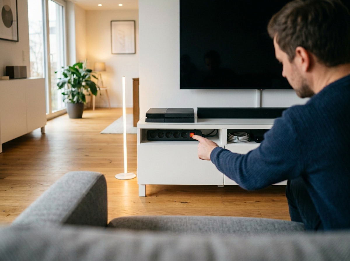 Ein Mann schaltet die Steckdosenleiste hinter der Soundbar aus und beendet den Stand-by