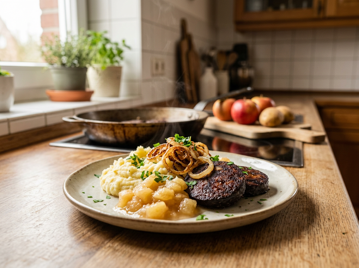 Himmel un Ääd: Kartoffelpüree mit Apfelkompott, gebratener Blutwurst und den Röstzwiebeln.