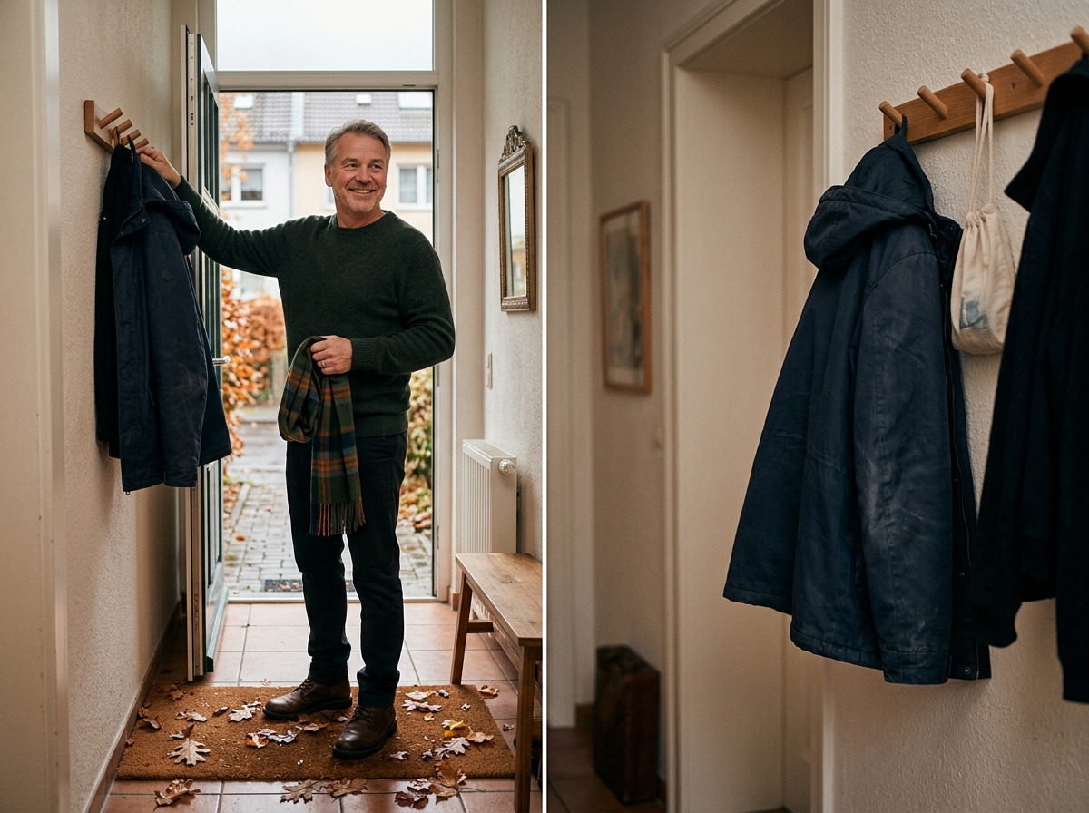 Ein Mann kommt vom Herbstspaziergang heim und hängt im Flur seine Jacke an die Garderobe.