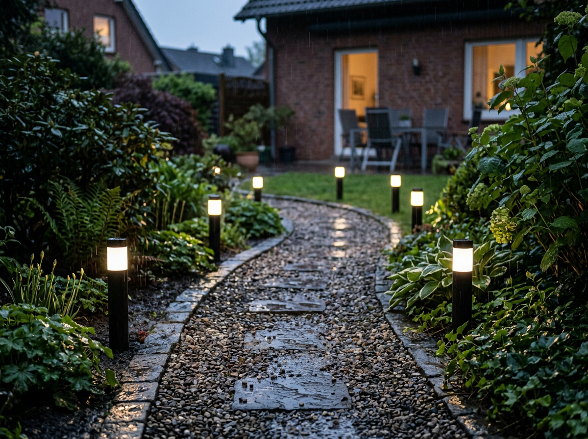 Moderne Solar-Wegeleuchte mit Bewegungsmelder an einer gepflasterten Gartenauffahrt im Rhein-Sieg-Kreis.