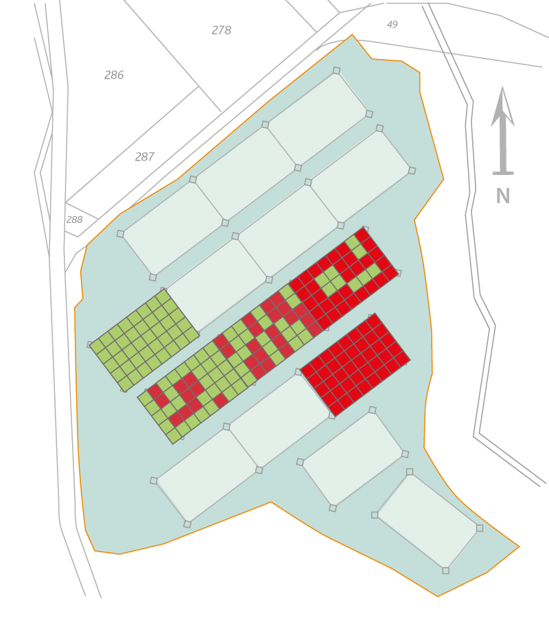 Lageplan des rhenag Zukunftswald mit symbolischer Darstellung der Bepflanzung: Eiche in rot und Tanne in grün.