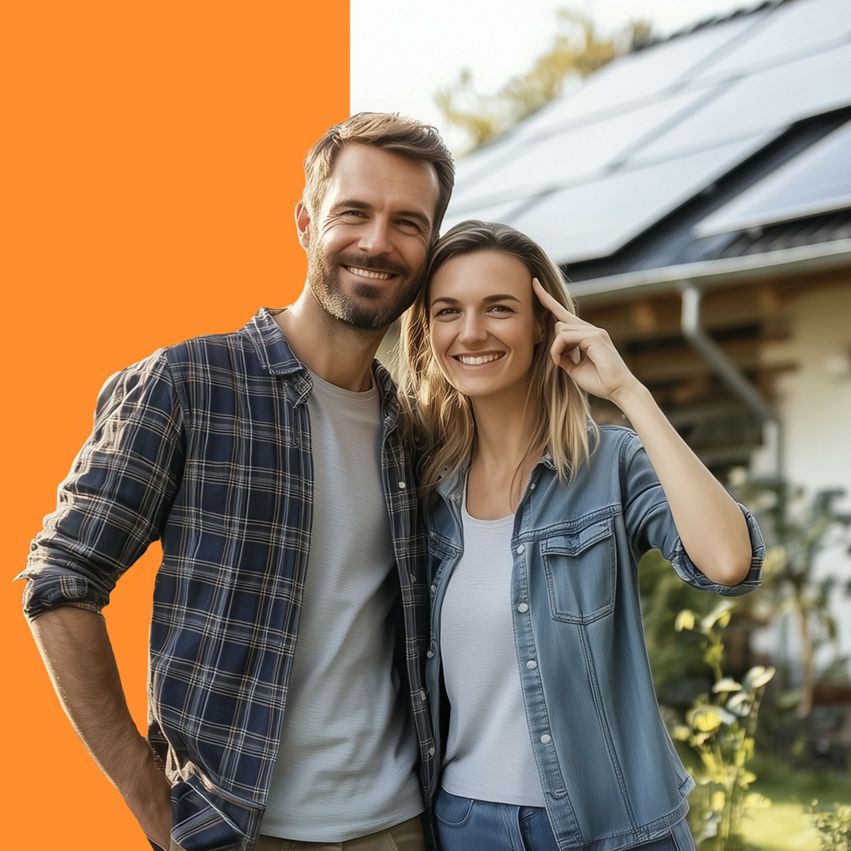 Solarwochen 2025 Key Visual Pärchen steht vor Haus mit PV-Anlage