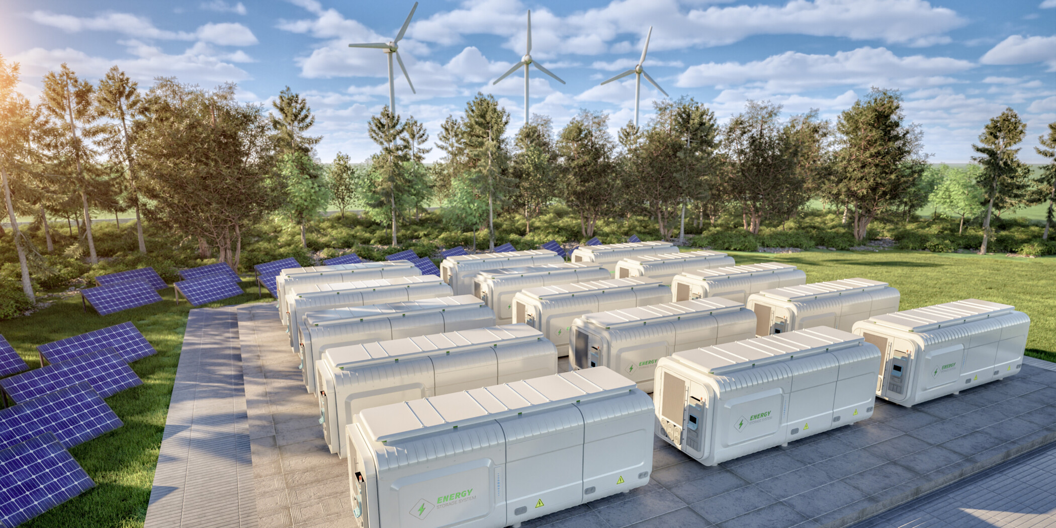 Batteriespeicher als Container neben Solaranlagen und Windkraftanlagen.