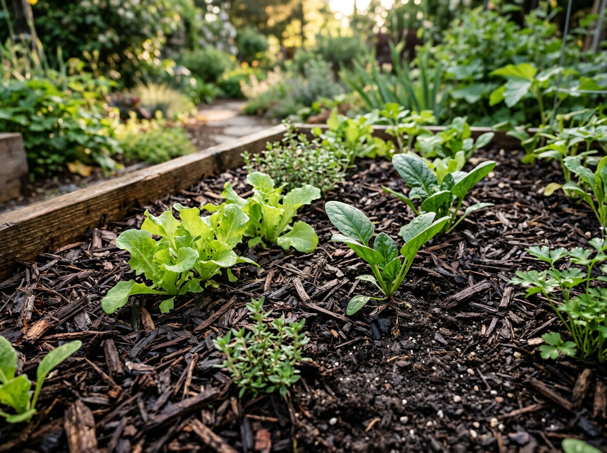 Pflanzenbeet im Garten geschützt durch eine organische Mulchschicht zur Reduzierung der Wasserverdunstung. 