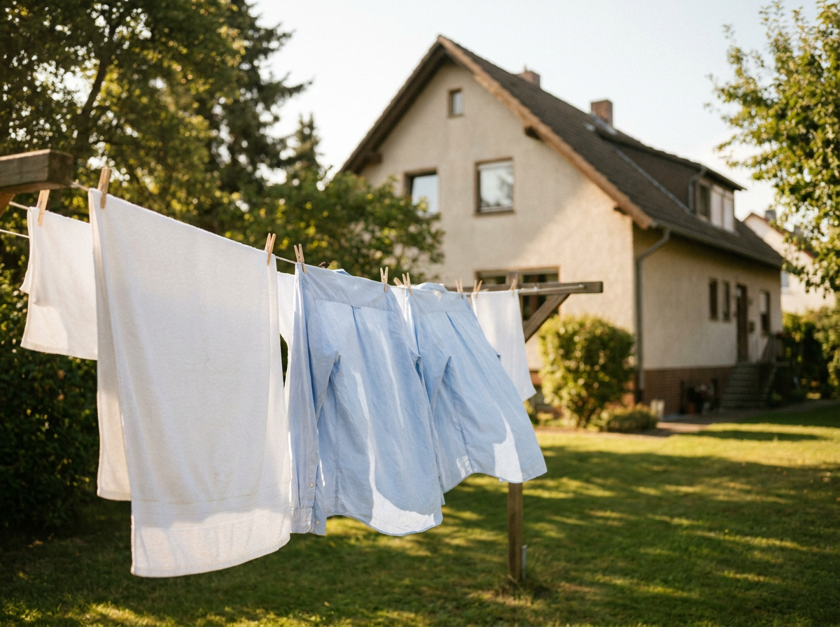 Wäscheleine statt Trockner: frische Wäsche im Sommerwind spart Strom und schont Fasern.