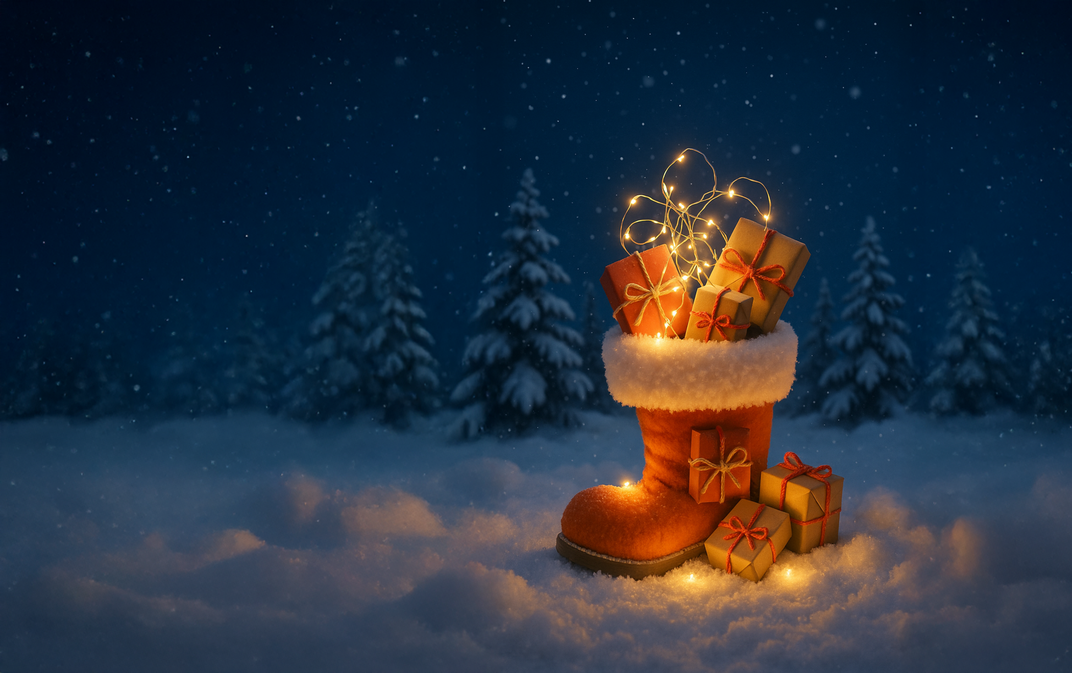 Ein orangener Nikolausstiefel, gefüllt mit kleinen Geschenken und einer Lichterkette, steht in einer dunklen Winterlandschaft.