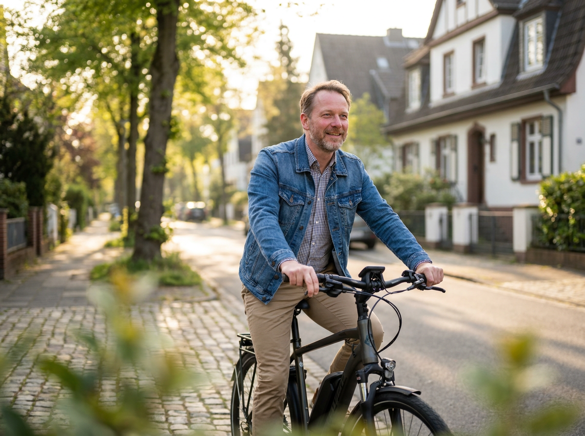 Pendler auf dem E-Bike bringt im Alltag ganz nebenbei Puls und Kreislauf in Schwung.