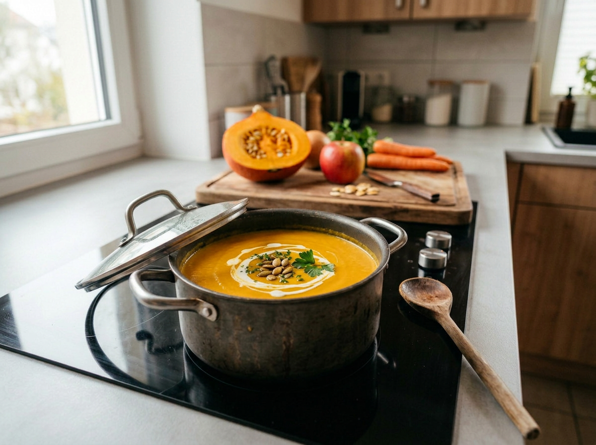 Cremige Kürbis-Apfel-Suppe dampft im Topf auf dem Herd, hinten Hokkaido, Apfel und Möhren.