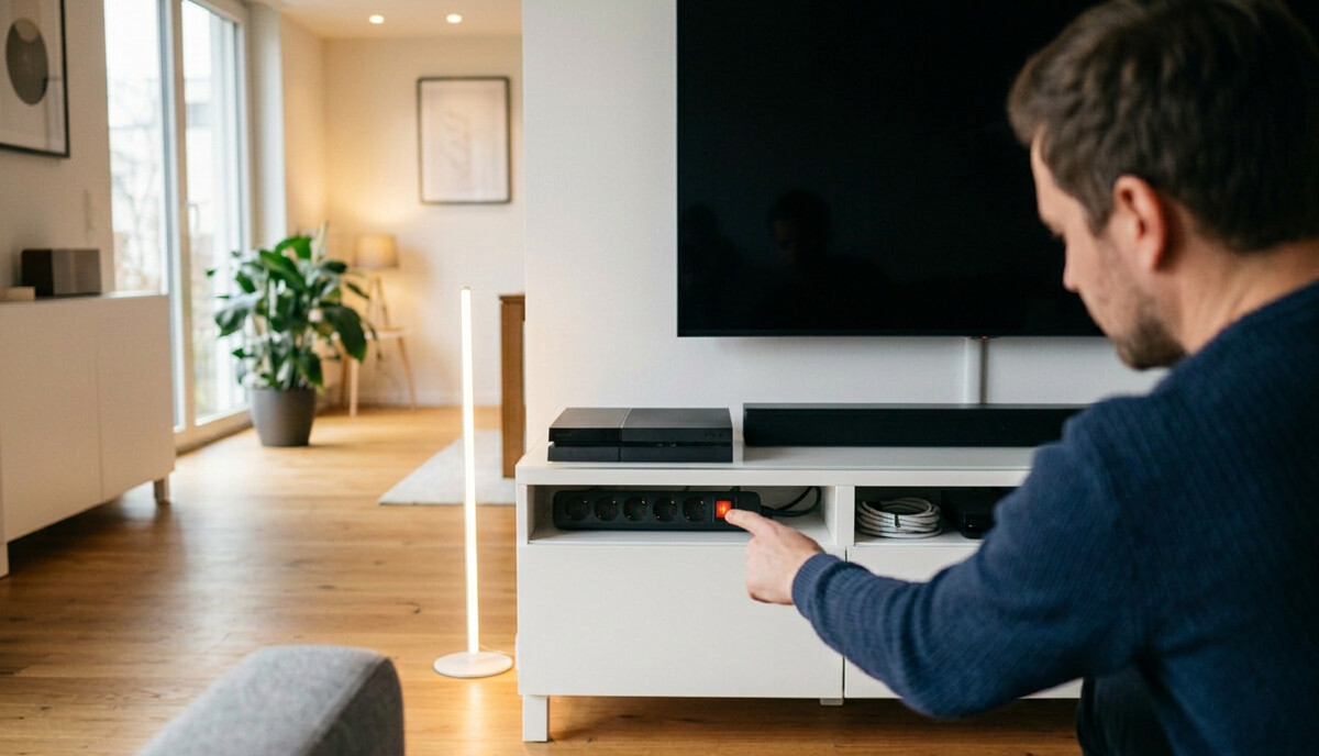 Ein Mann schaltet die Steckdosenleiste hinter der Soundbar aus und beendet den Stand-by