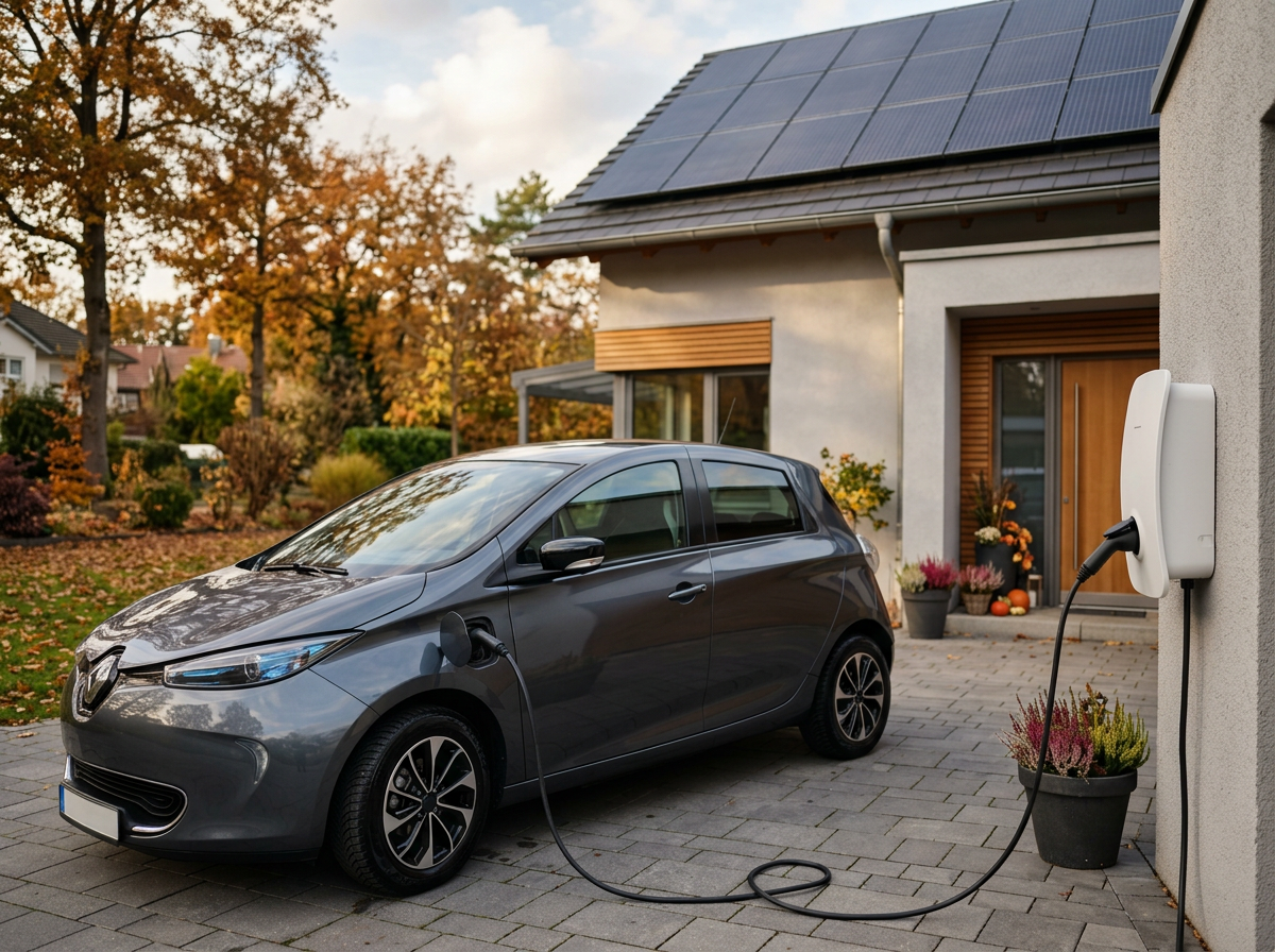 E-Auto lädt an der Wallbox in der Einfahrt, im Hintergrund ein Dach mit Solarmodulen 