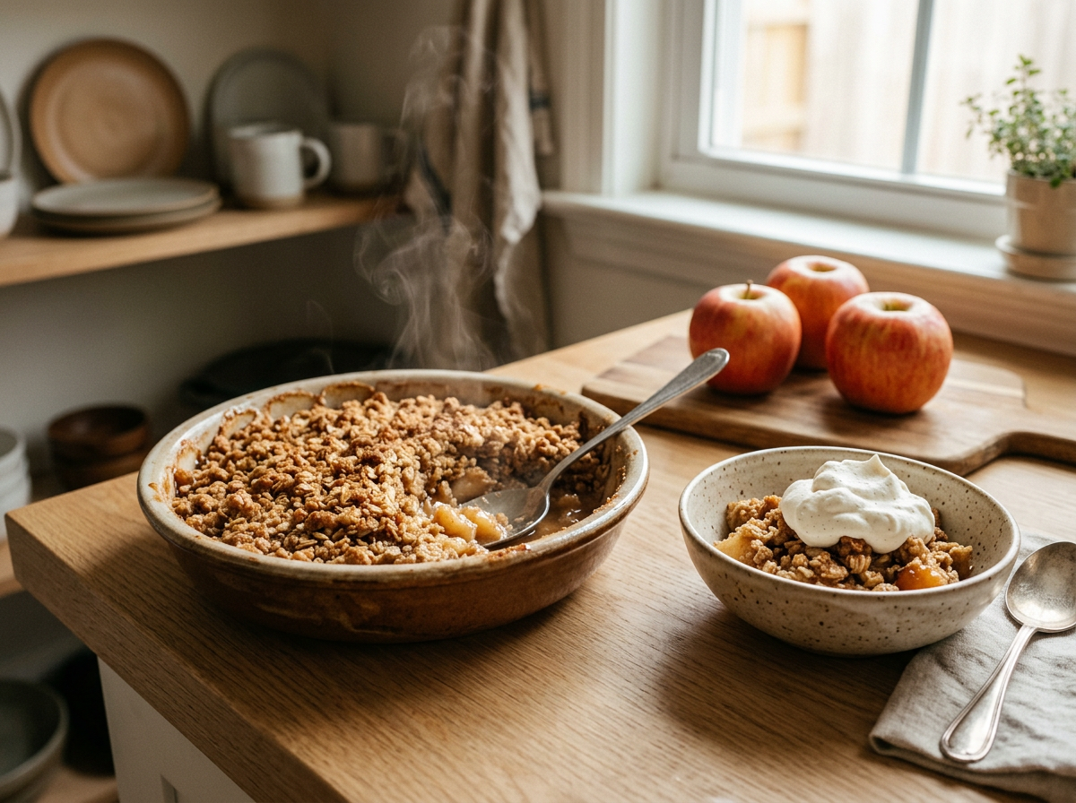 Apfel-Crumble mit Haferstreuseln in der Auflaufform, daneben eine Portion mit Schlagsahne.