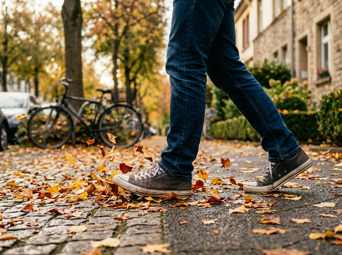 Alltagsschuhe im bunten Herbstlaub: Jemand geht zügig über einen Gehweg im Wohngebiet. Bildnachweis Bild4: KI-generiert