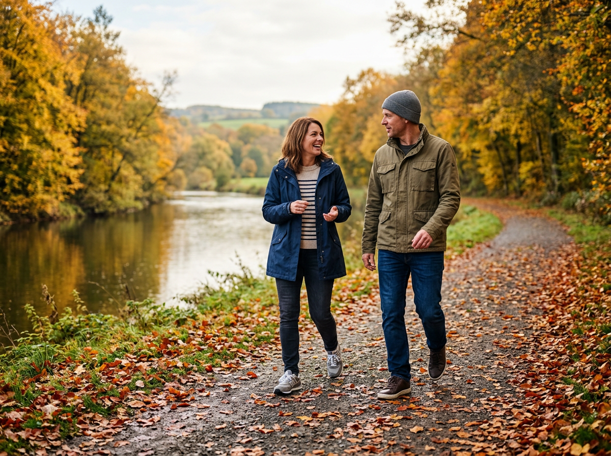 Zwei Personen gehen im Herbst zügig über einen bunten Laubweg an einer Flussaue entlang.