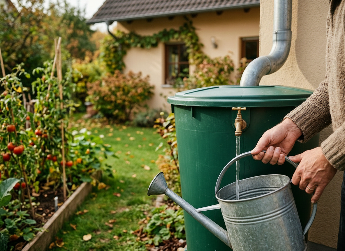 Person füllt an der Regentonne am Fallrohr eine Gießkanne mit Regenwasser 