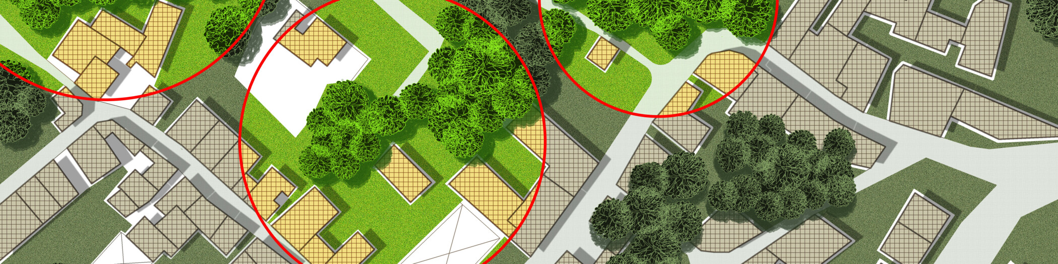 Stadtplan mit Bäumen und Gebäuden, einige Stellen werden rot umrandet.