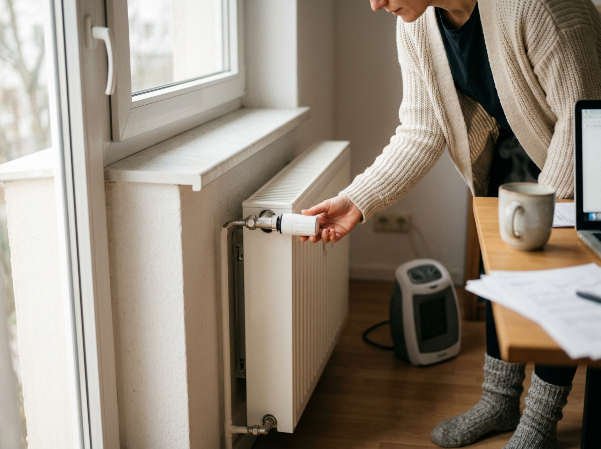 Statt Heizlüfter: Eine Frau dreht im Homeoffice morgens das Thermostat am Heizkörper hoch.