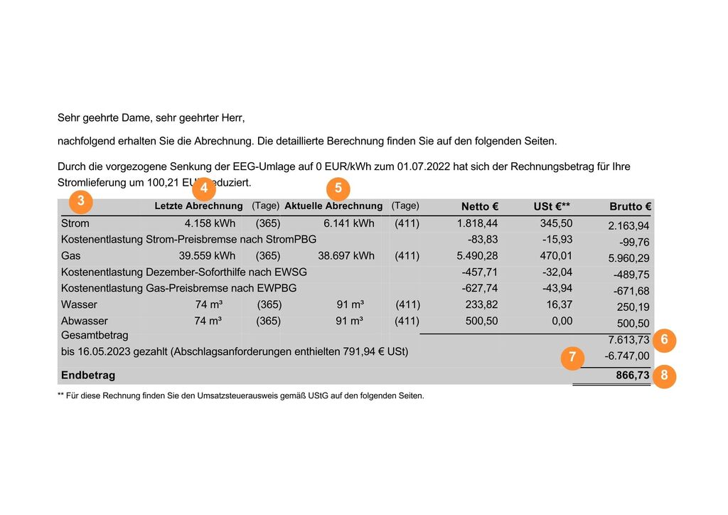 rhenag-Stromrechnung: Versorgungsart, letzte Abrechnung, aktuelle Abrechnung, Gesamtbetrag netto und brutto, gezahlte Abschläge und Rechnungsbetrag