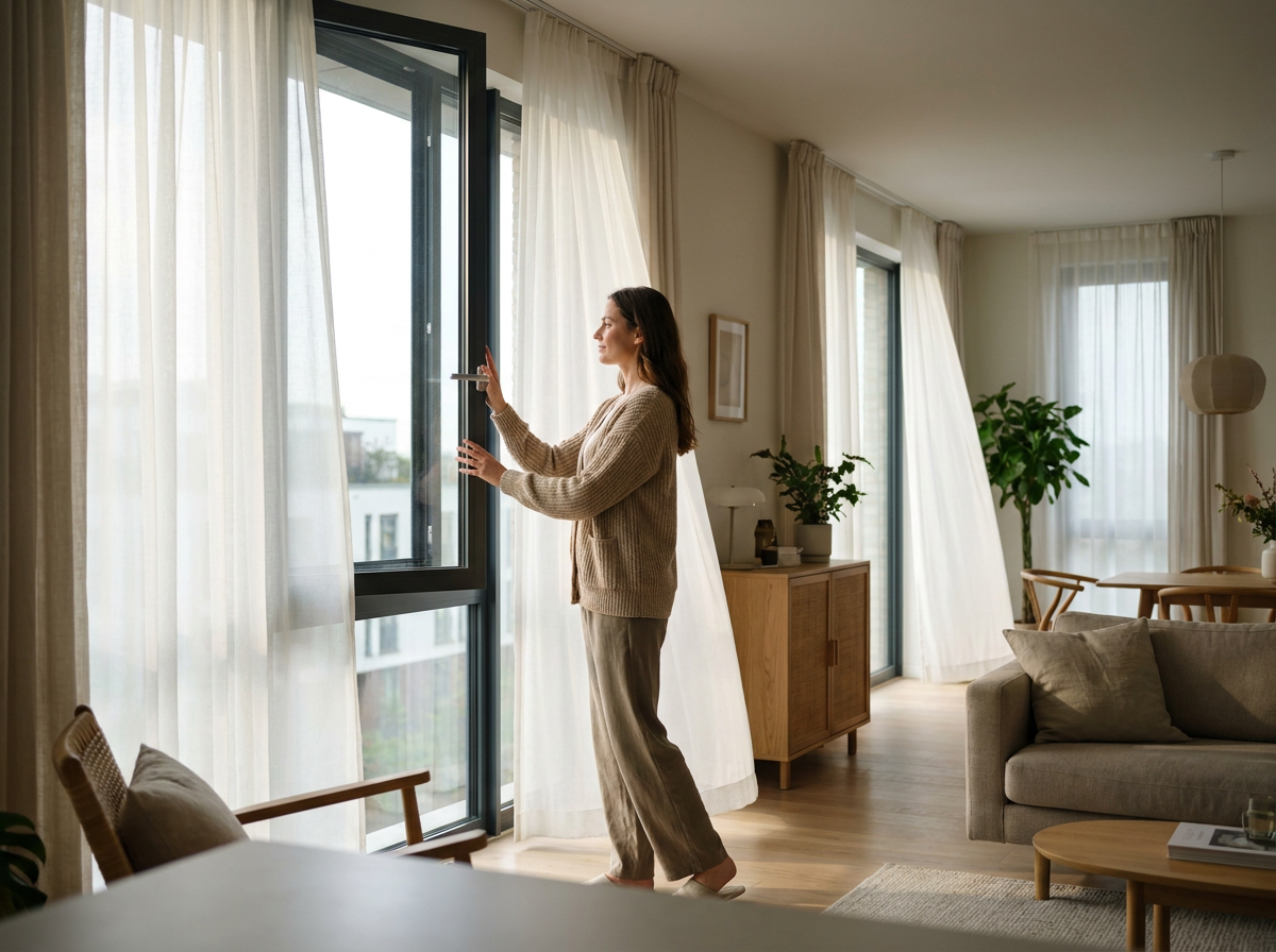Frau öffnet morgens das Fenster zum Querlüften – kühle Luft für ein heißes Zuhause.