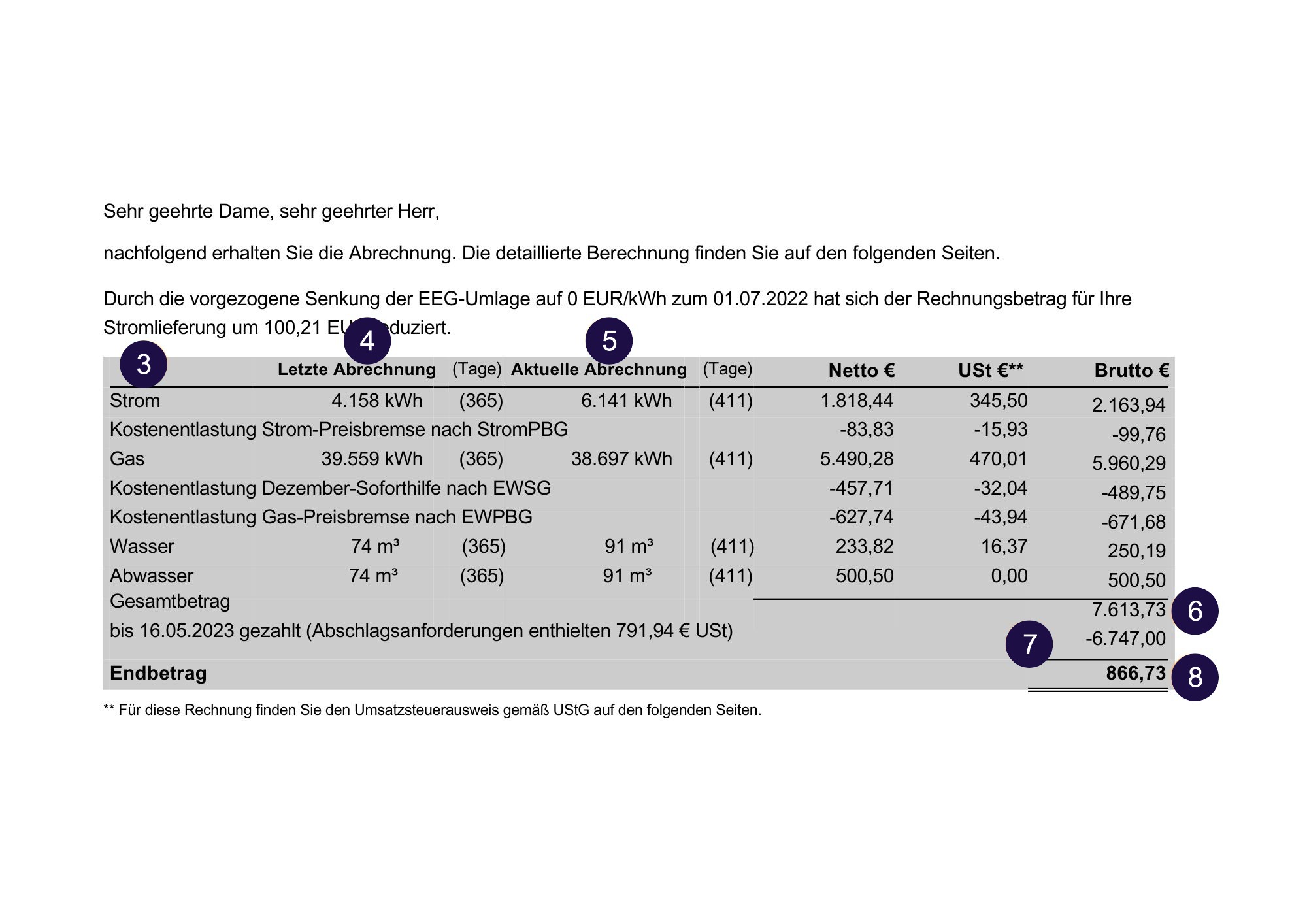 rhenag-Gasrechnung: Versorgungsart, letzte Abrechnung, aktuelle Abrechnung, Gesamtbetrag netto und brutto, gezahlte Abschläge und Rechnungsbetrag
