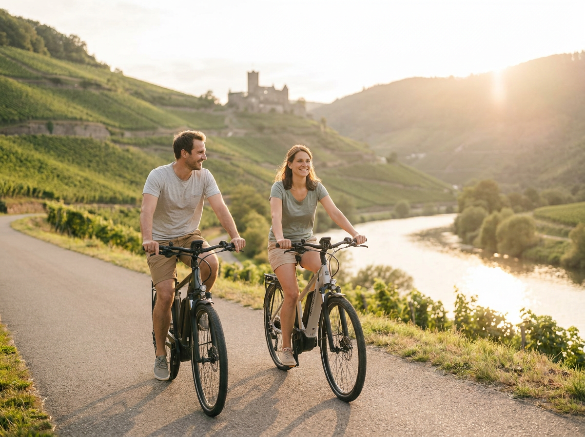 Radlerin auf dem E-Bike am Flussradweg im sommerlichen Siegtal des Rhein-Sieg-Kreises.