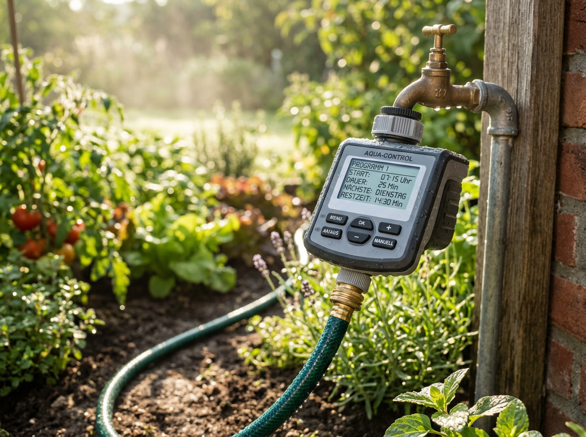 Ein programmierbarer Bewässerungscomputer steuert automatisch die morgendliche Gartenbewässerung. (KI-generiert)