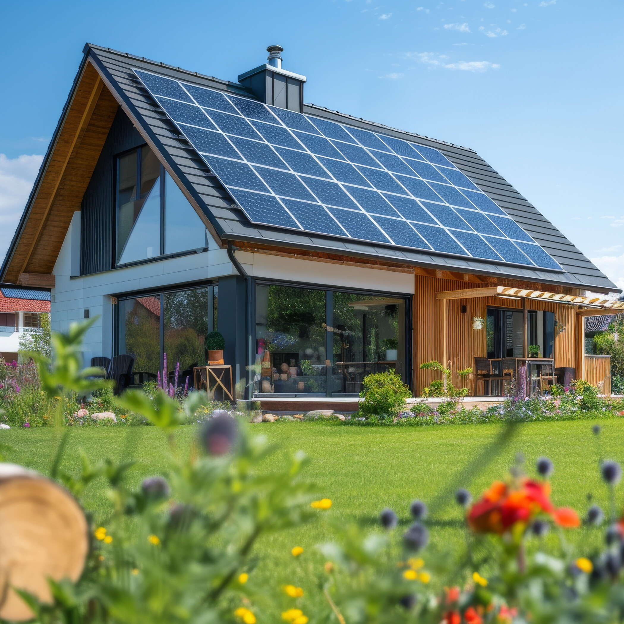Modernes Haus mit PV-Anlage und bunten Blumen im Garten.