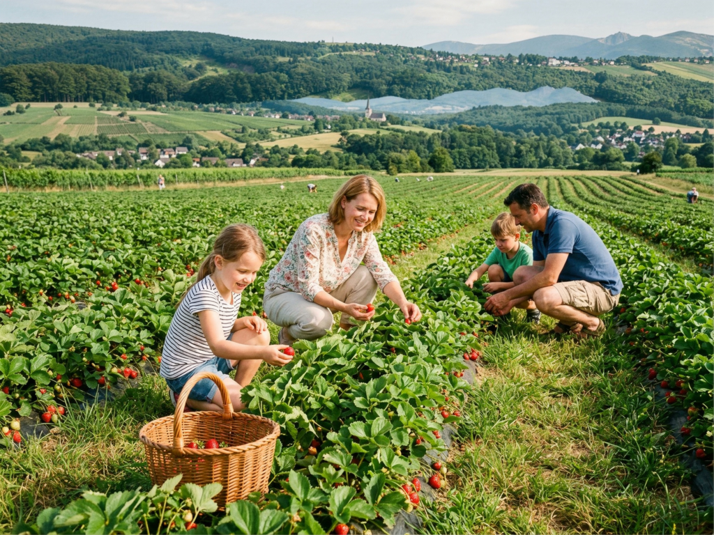 Familie beim Selbstpflücken von Erdbeeren im Rhein-Sieg-Kreis – Ein Ausflugstipp von rhenag Energie. 