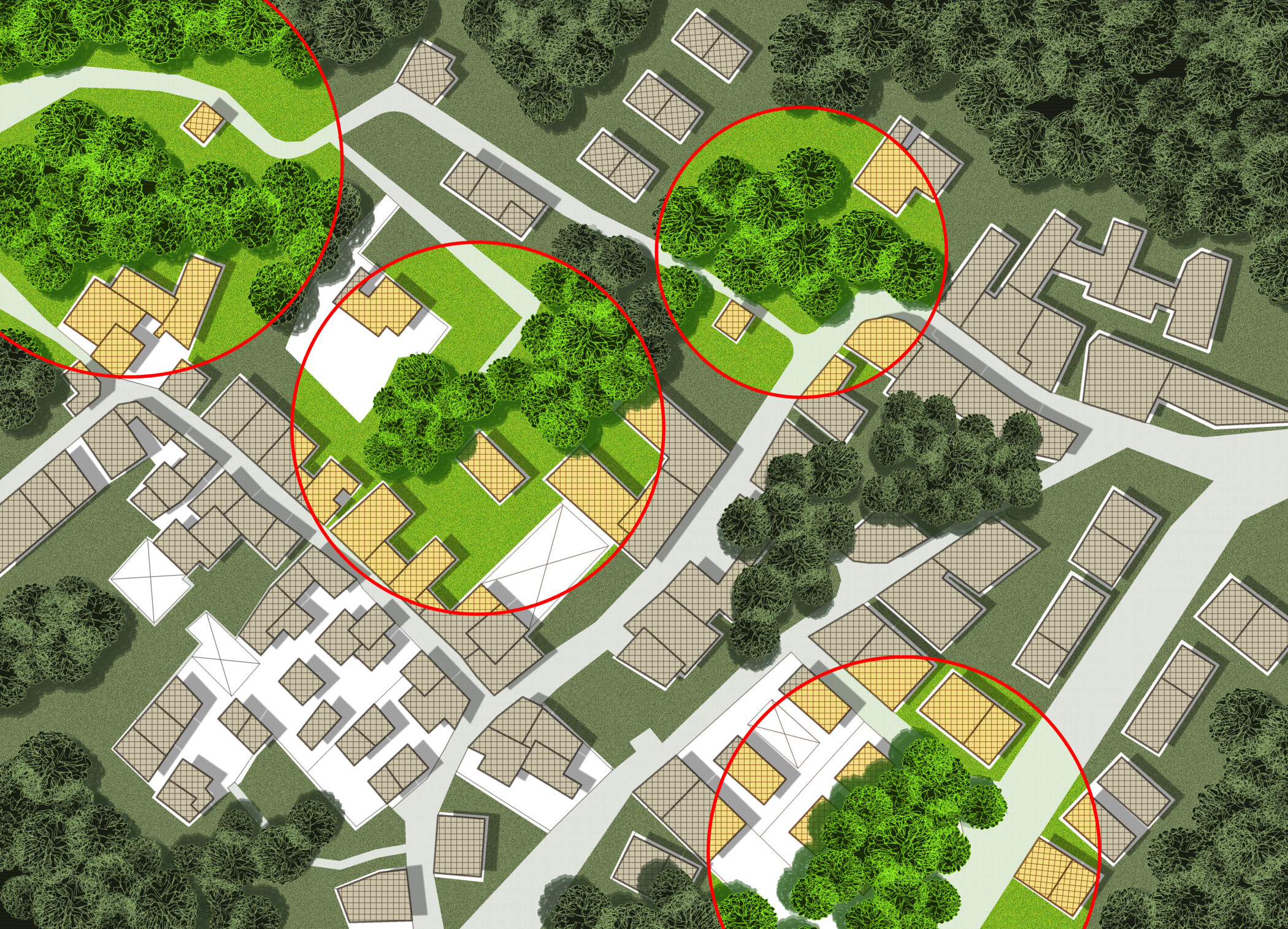 Stadtplan mit Bäumen und Gebäuden, einige Stellen werden rot umrandet.