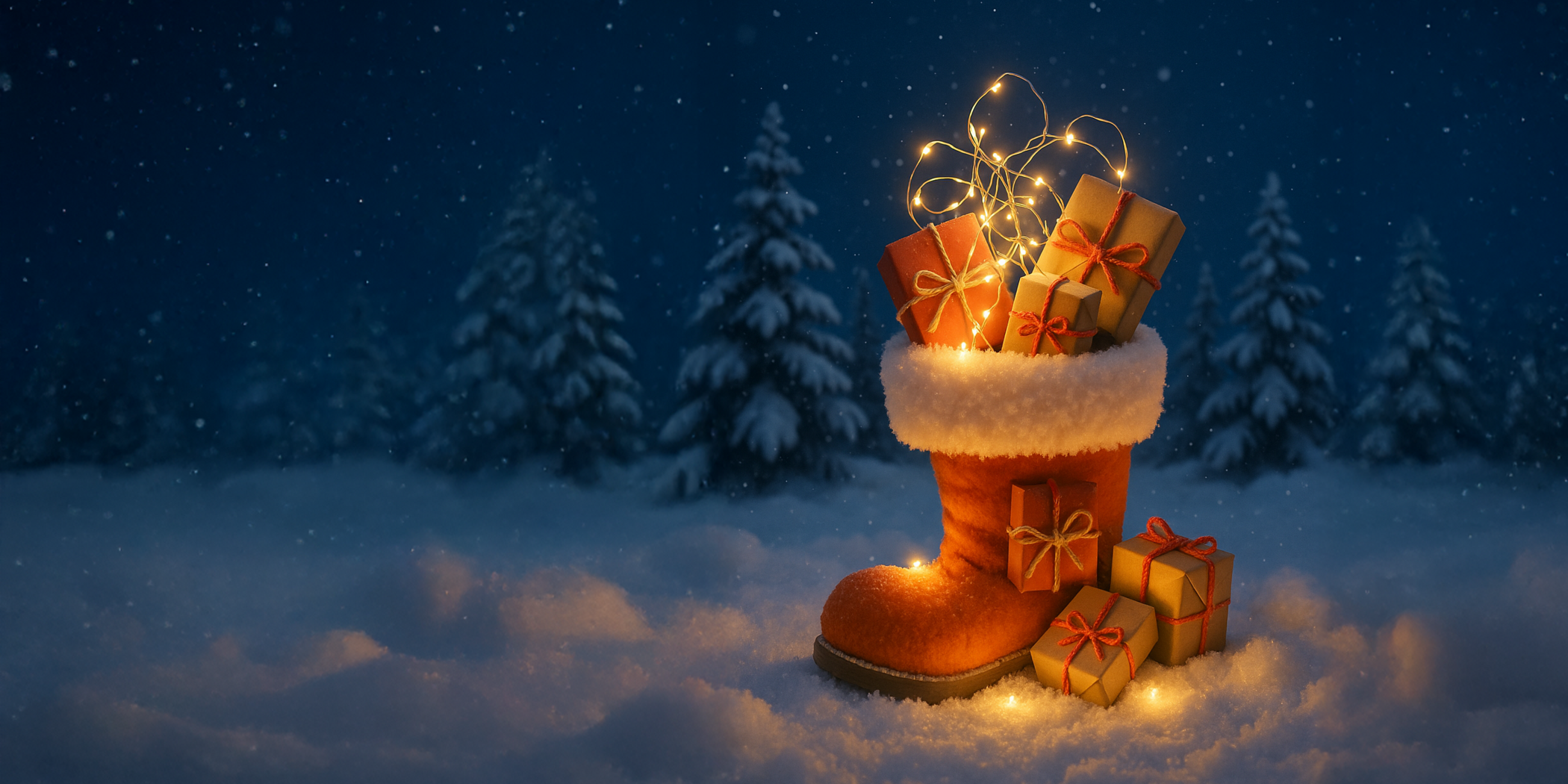 Ein orangener Nikolausstiefel, gefüllt mit kleinen Geschenken und einer Lichterkette, steht in einer dunklen Winterlandschaft.