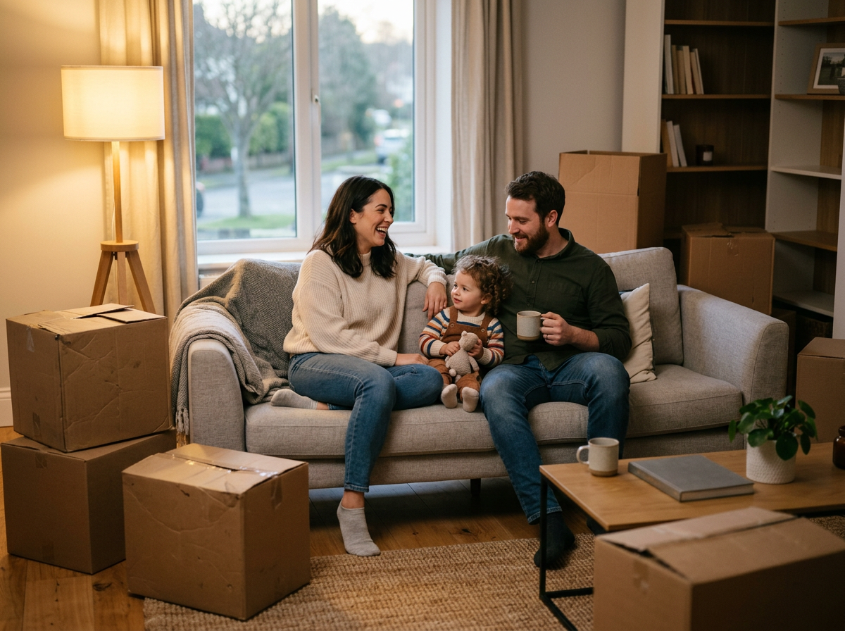 Familie macht es sich nach dem Umzug auf dem Sofa im neuen Wohnzimmer gemütlich.