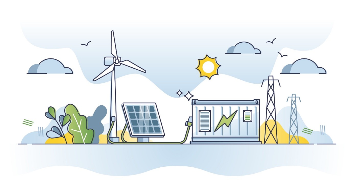 Illustrierte Grafik eines Stromspeichers, der mit erneuerbaren Energien geladen wird.