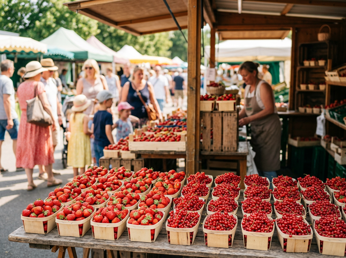 Frische regionale Erdbeeren in Körben auf einem Wochenmarkt – Nachhaltiger Genuss.