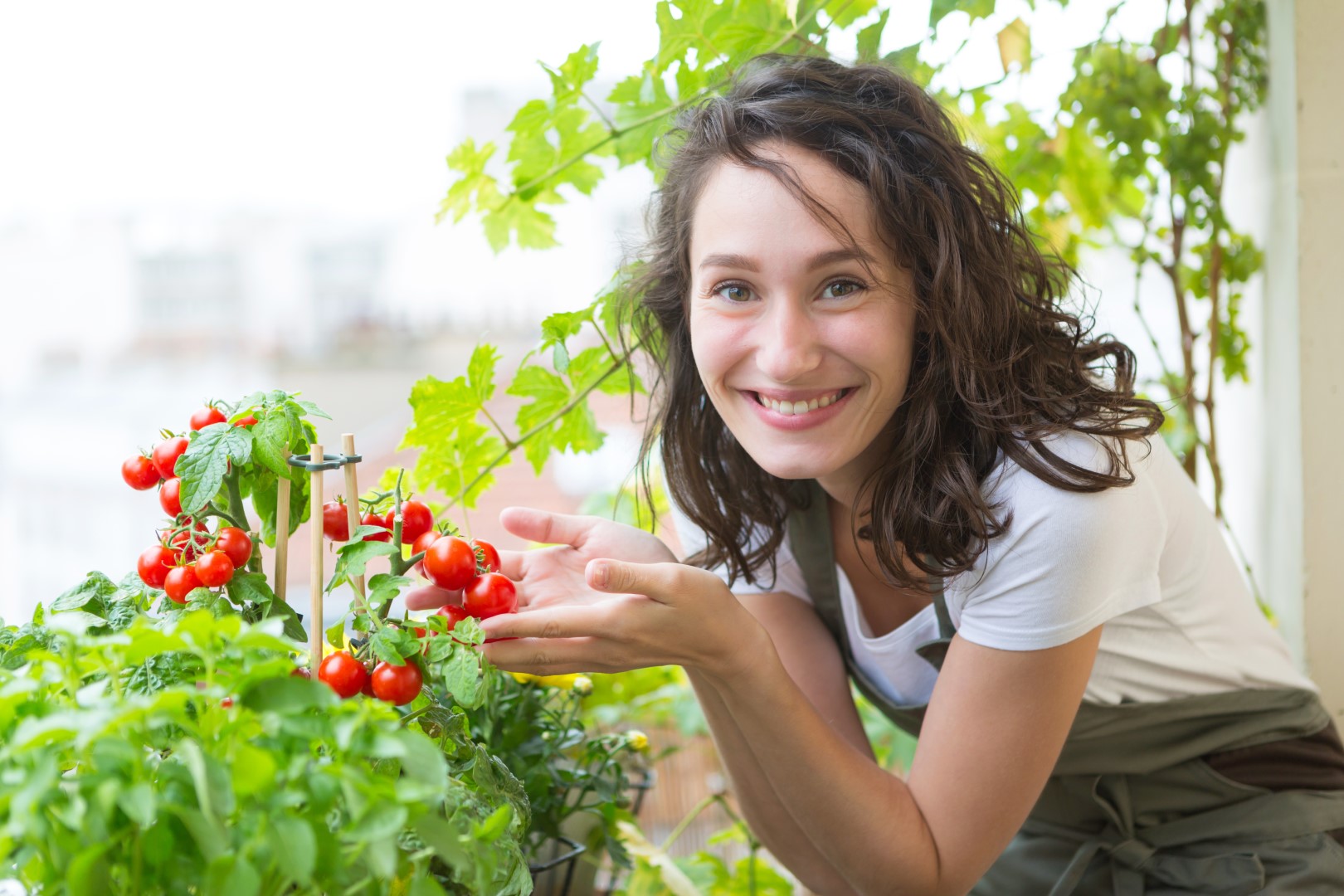Frau auf Balkon mit eigenen Tomaten