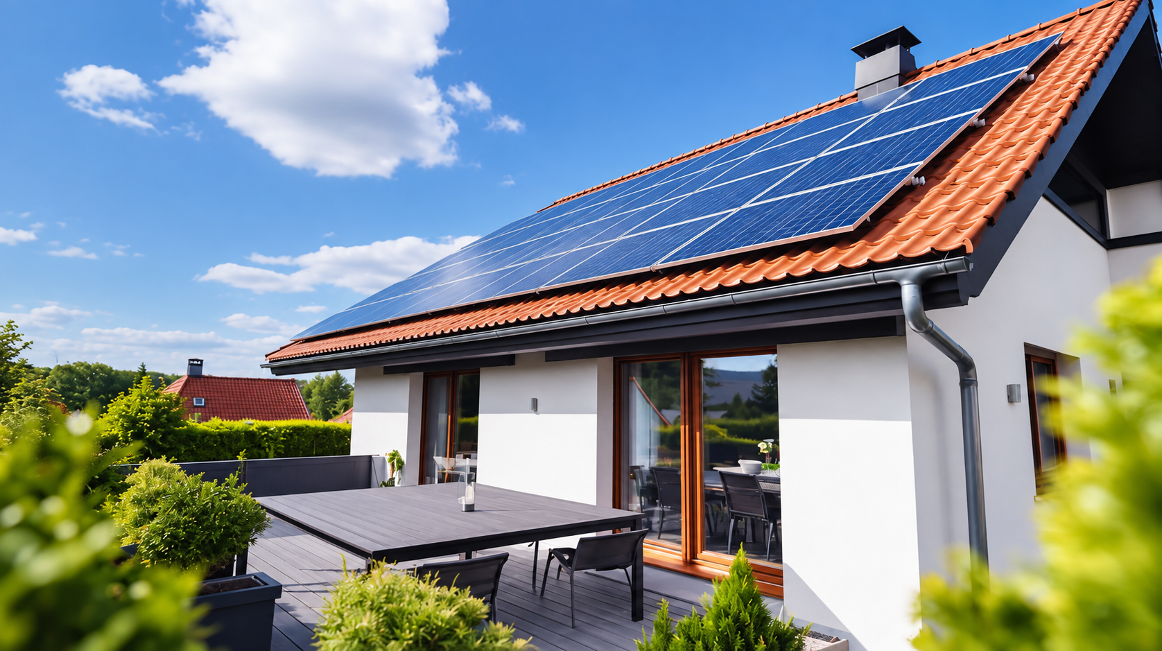 Ein Haus mit Solarmodulen auf dem roten Ziegeldach. Im Vordergrund sind eine Terrasse mit Tisch und Stühlen sowie Pflanzen zu sehen.