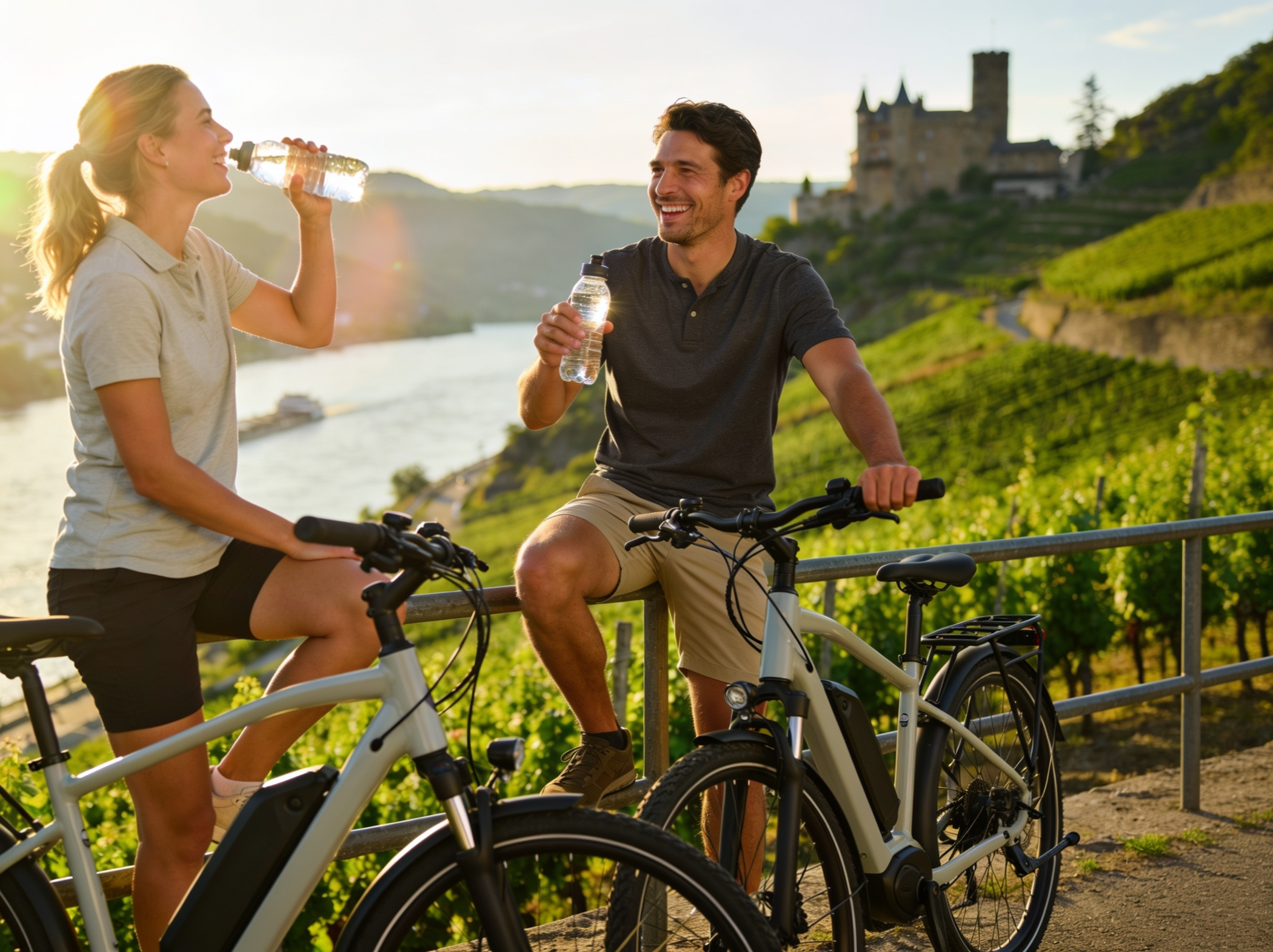 Radlerin auf dem E-Bike am Flussradweg im sommerlichen Siegtal des Rhein-Sieg-Kreises.